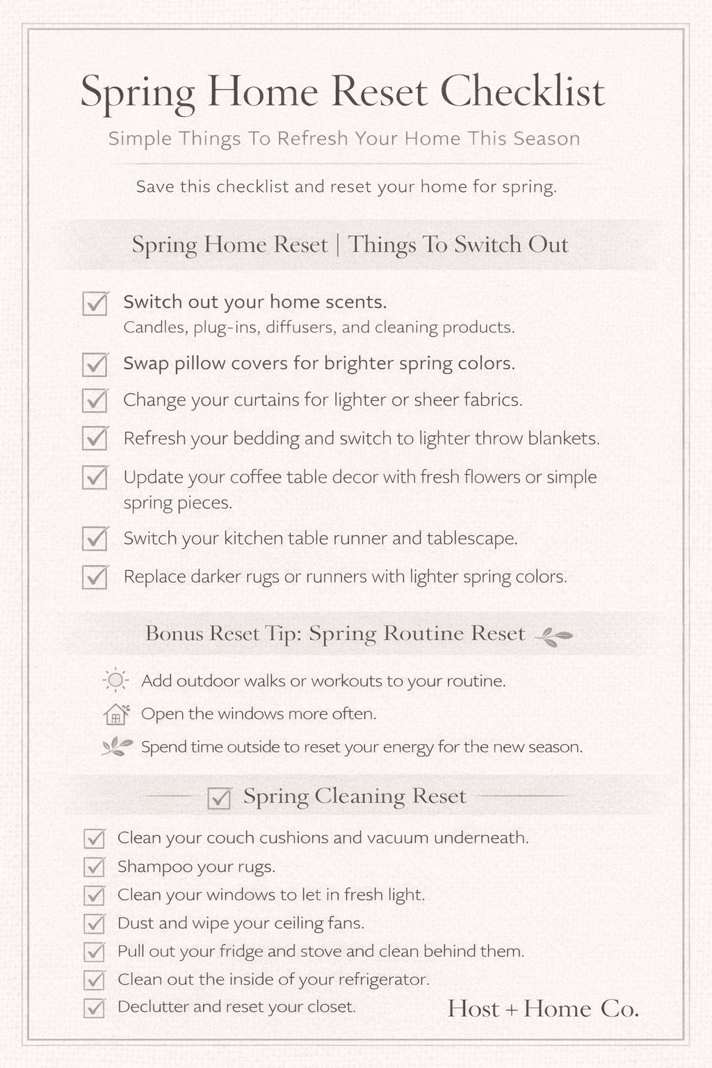 Spring home reset checklist for refreshing your living space this season.