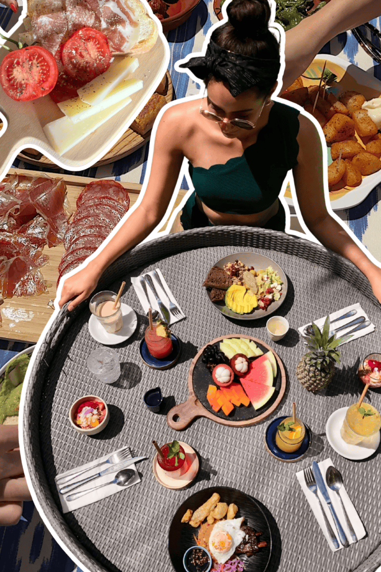 Outdoor dining setup with vibrant food presentation and stylish tableware.