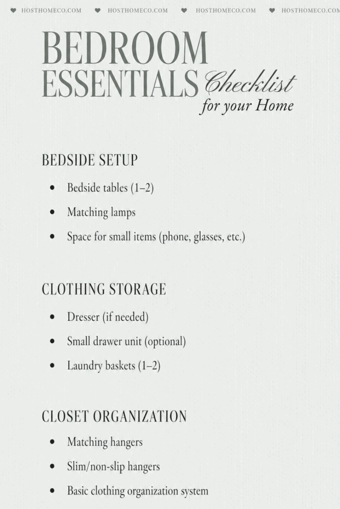 Bedroom essentials checklist including bedside tables, lamps, storage, and organization tips.