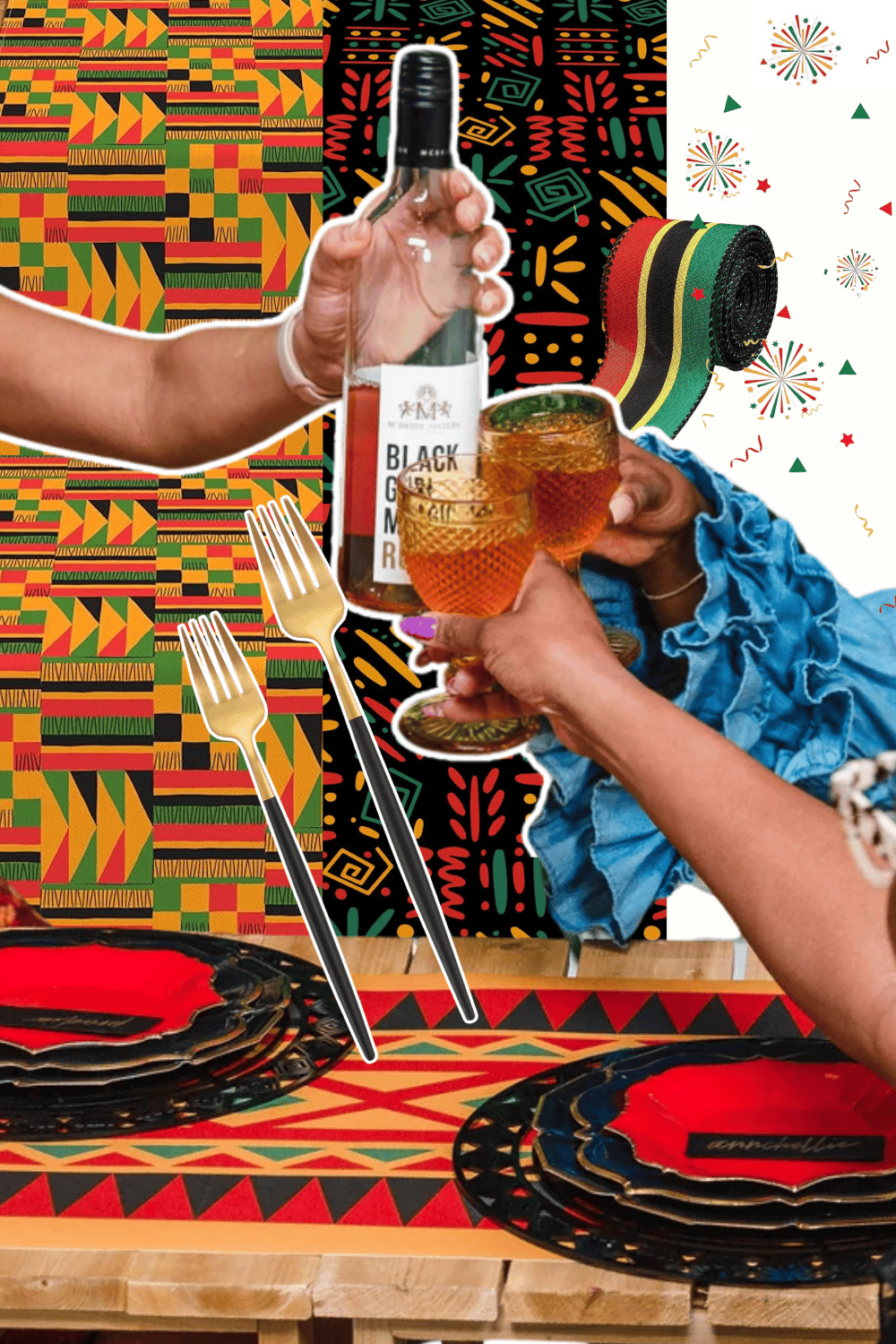 Vibrant African-inspired table setting with drinks, plates, and colorful decor for a festive gatheri.