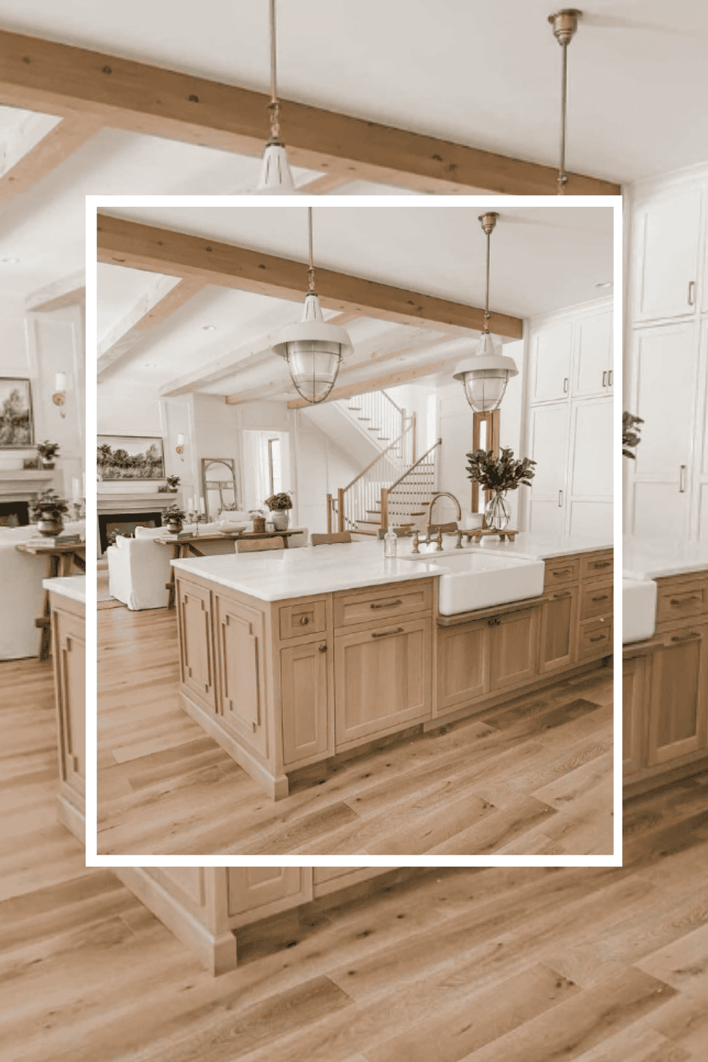 Modern farmhouse kitchen featuring wooden accents, open layout, and stylish lighting fixtures.