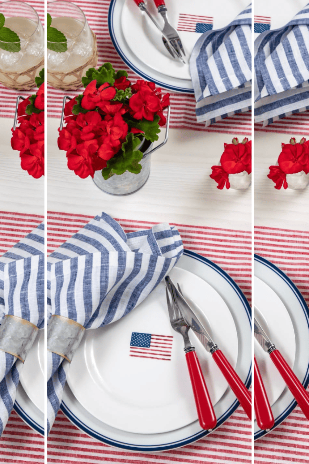 Elegant table setting featuring red flowers, striped napkins, and patriotic American flag accents fo.